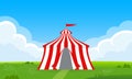 Circus tent with flag. Carnival and funfair marquee on the field or meadow with blue sky and clouds. Vector illustration Royalty Free Stock Photo